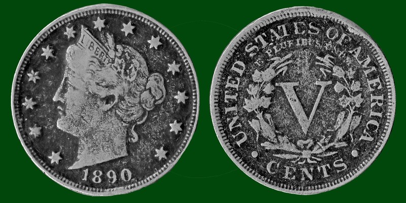 1890 Liberty Head V Nickel Choice Very Fine-Extra Fine Dark Black Patina Raw