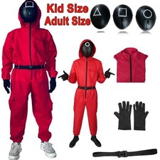 Kid Adult Squid Red Jumpsuit Villain Uniform Mask Halloween Cosplay Costume Game
