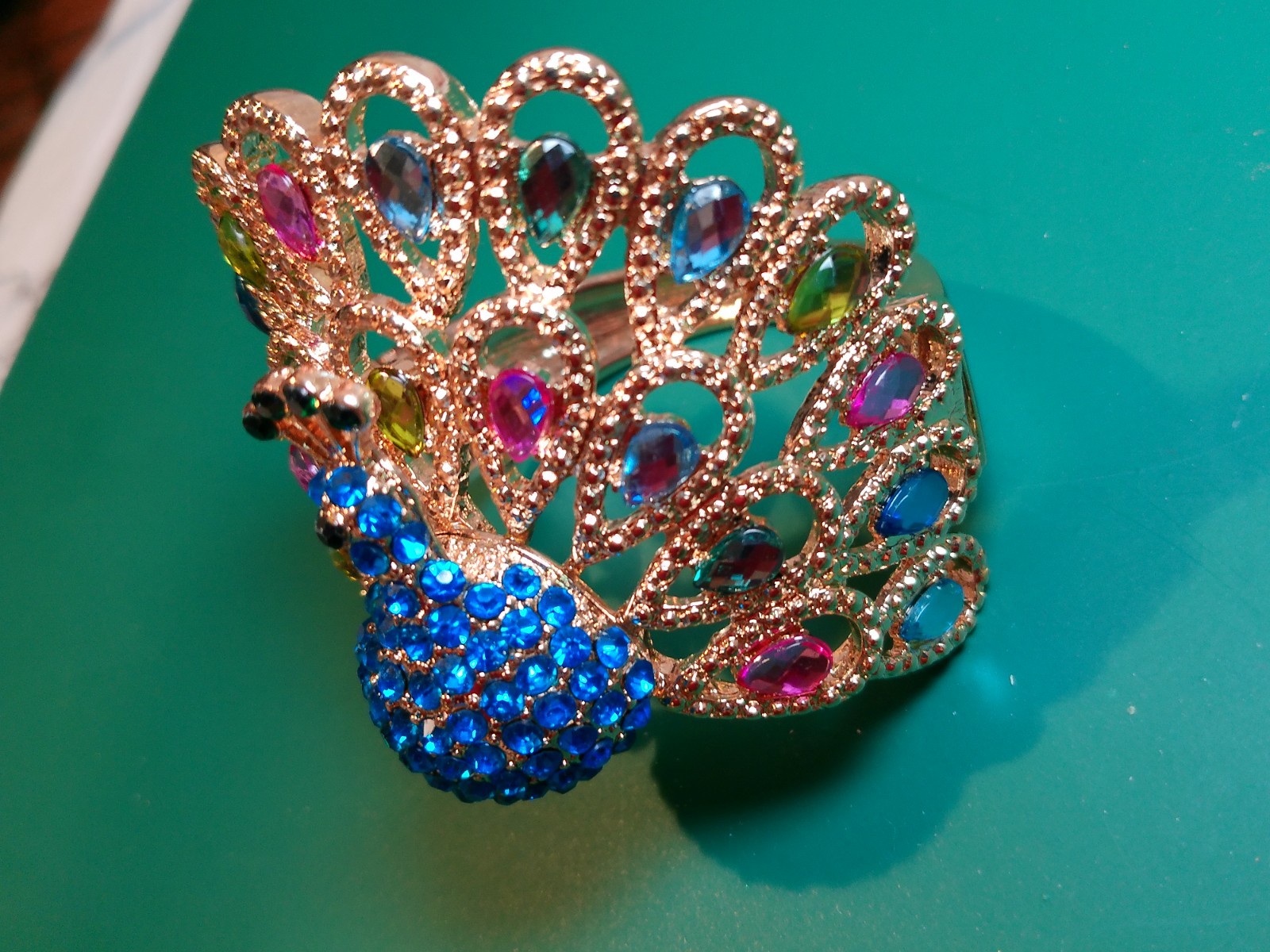 Multi-Colored Rhinestone Peacock Hinged Cuff Brac… - image 2