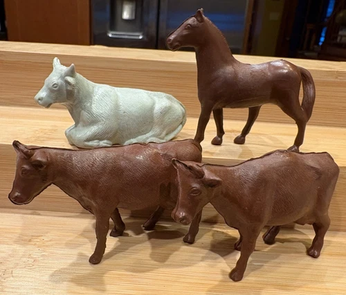 Vintage Marx Playset Hard Rubber Farm Animals 3 Cows 1 Horse