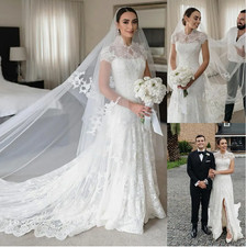 Lace Appliques Mermaid Wedding Dress High Neck Cape Short Sleeve Bridal Gowns