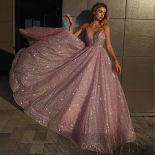Luxury A Line Prom Dresses Long Elegant Evening Gowns V Neck Backless Sparkling