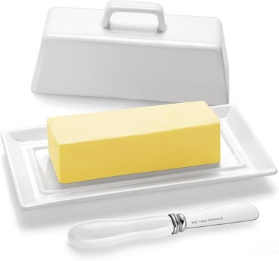 Porcelain Butter Dish with Lid and Knife for Counter Refrirator