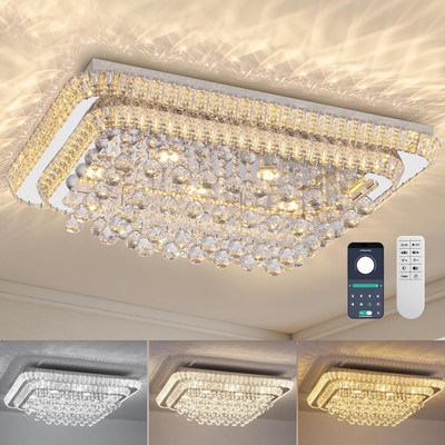 32'' Crystal Flush Mount Chandelier with Remote, Dimmable LED Ceiling Light