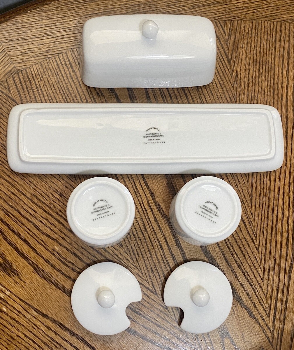 GENUINE POTTERY BARN Condiment Service GREAT WHITE Butter Dish Jam  display picture 1