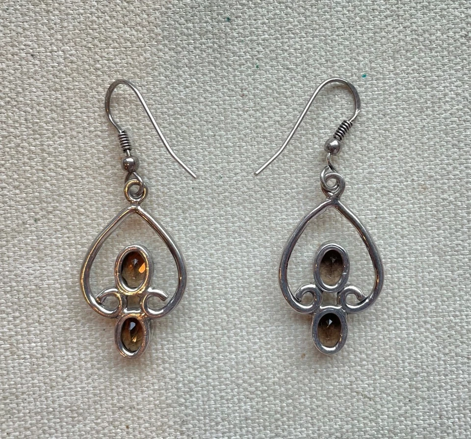 Smokey Topaz Dangle Earrings Sterling Wave Curve Vintage Steampunk Artisan 1.75" - Image 4 of 4