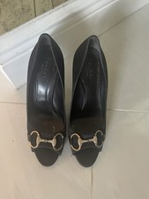 GUCCI Satin Black Crystal Horsebit Peep Toe Pumps
