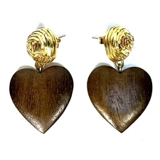 REBECCA DE RAVENEL Mini Cora Wood Heart Earrings Gold Post Back (MSRP $215)