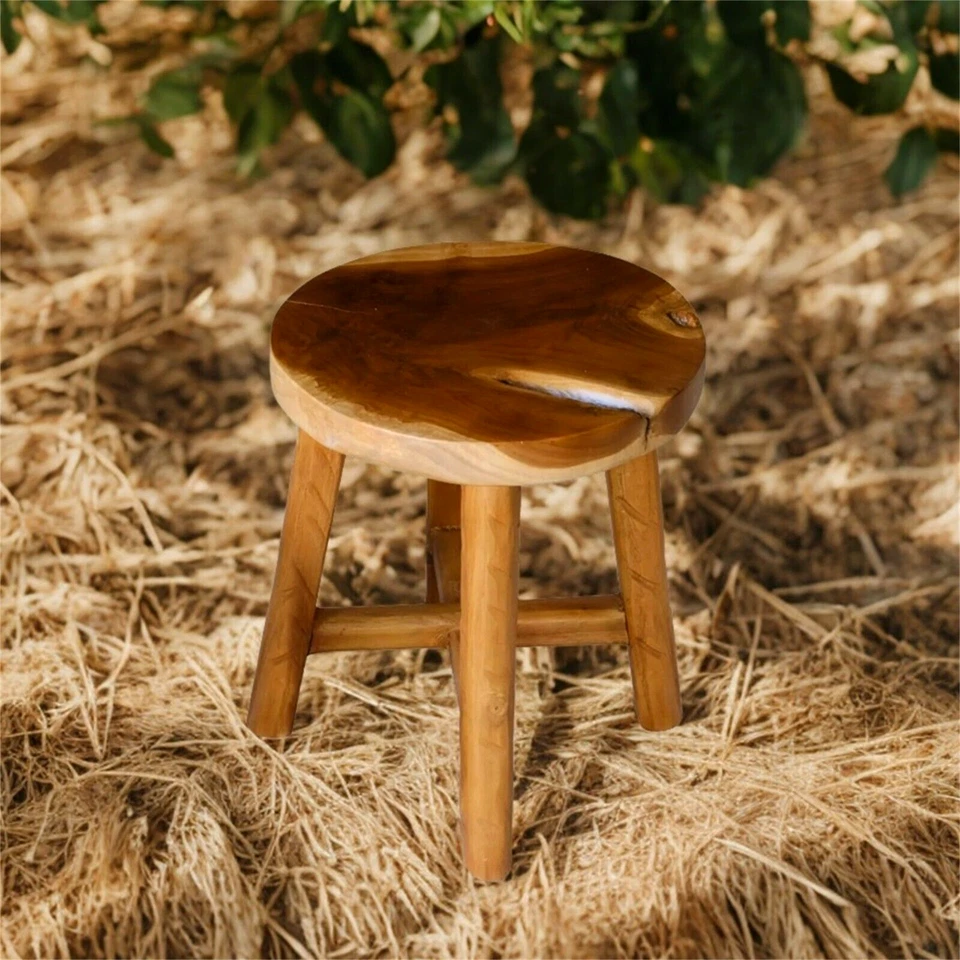 Rustic Teak Solid Wooden Stool Natural Round Side Table Bedside Table 19.5" H - Image 2 of 4
