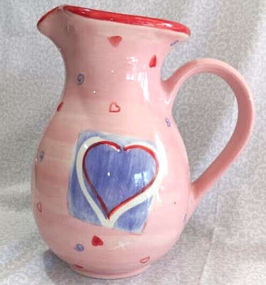 Pitcher with Hearts by Libby Wilkie for Wendover Lane, Pink Ceramic 9-1/2''T