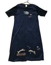 Vintage Liebe Velvet Navy Blue Cat Lady Cozy Nightgown w/Pockets Sz L