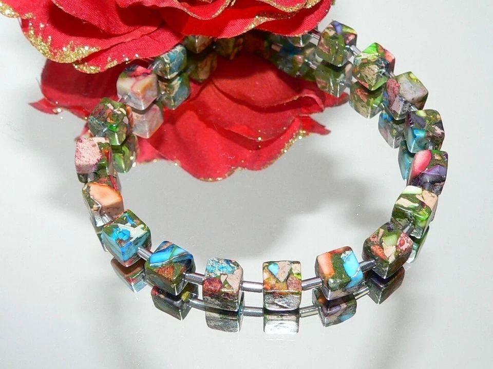Armband Würfel Cube Edelstein Picaso Jaspis mehrfarbig Hämatit silber 214v - Bild 2 von 4