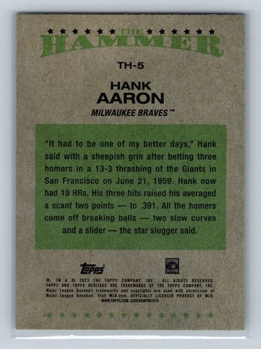 Hank Aaron 2023 Heritage High Number THE HAMMER Insert SP #TH-5 Milwaukee Braves - Bild 2 von 2
