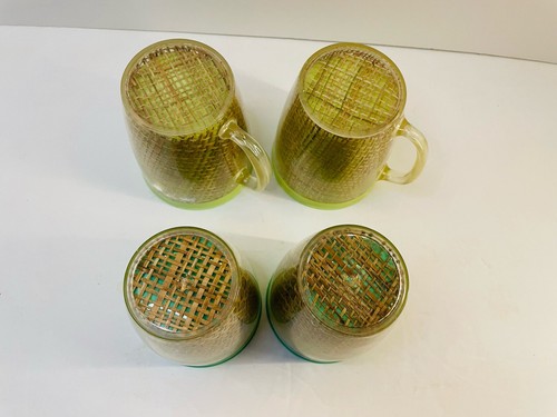 Set Of 4 Vintage Raffia Burlap Insulated Melmac Mugs Cups MCM - Picture 5 of 11