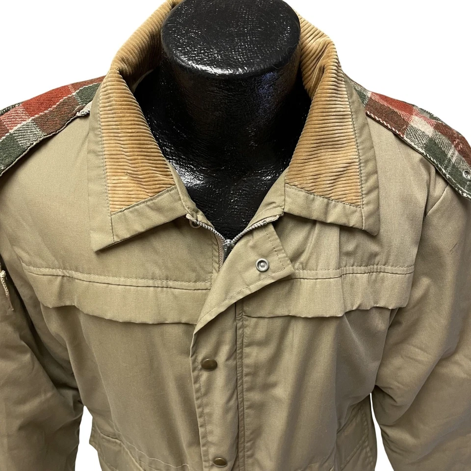 De Colección Años 70 MOD Caqui AISLADO Abrigo de Invierno Franela Cuadros Capucha Chaqueta de Caza L Foto 3 de 4