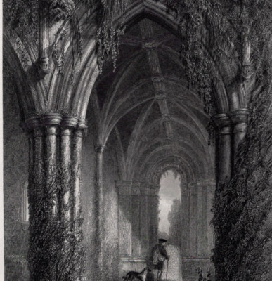CASTLE ARCH COLUMNS - Romantic Gothic Ruins Man Dog  1882 Antique Engraving