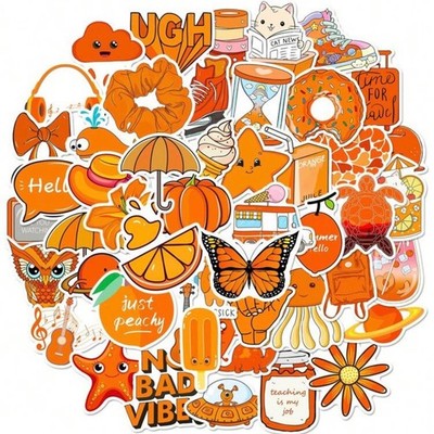 50pc Aesthetic Cute Orange Theme Sticker Set For Girls - Butterfly, Food, Star