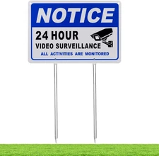 24 Hour Video Surveillance Sign with Metal Stakes, Aluminum Yard Sign, 11.8" X 7