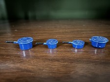 Vtg Dollhouse Miniature Pots and Pans Blue White Speckle Enamel Cookware Lot