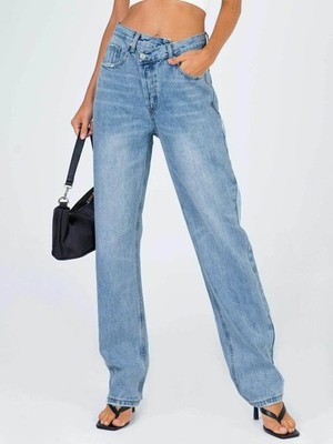 Princess Polly Women Light Blue Denim Holly Asymmetric Straight Leg Jeans Size 0