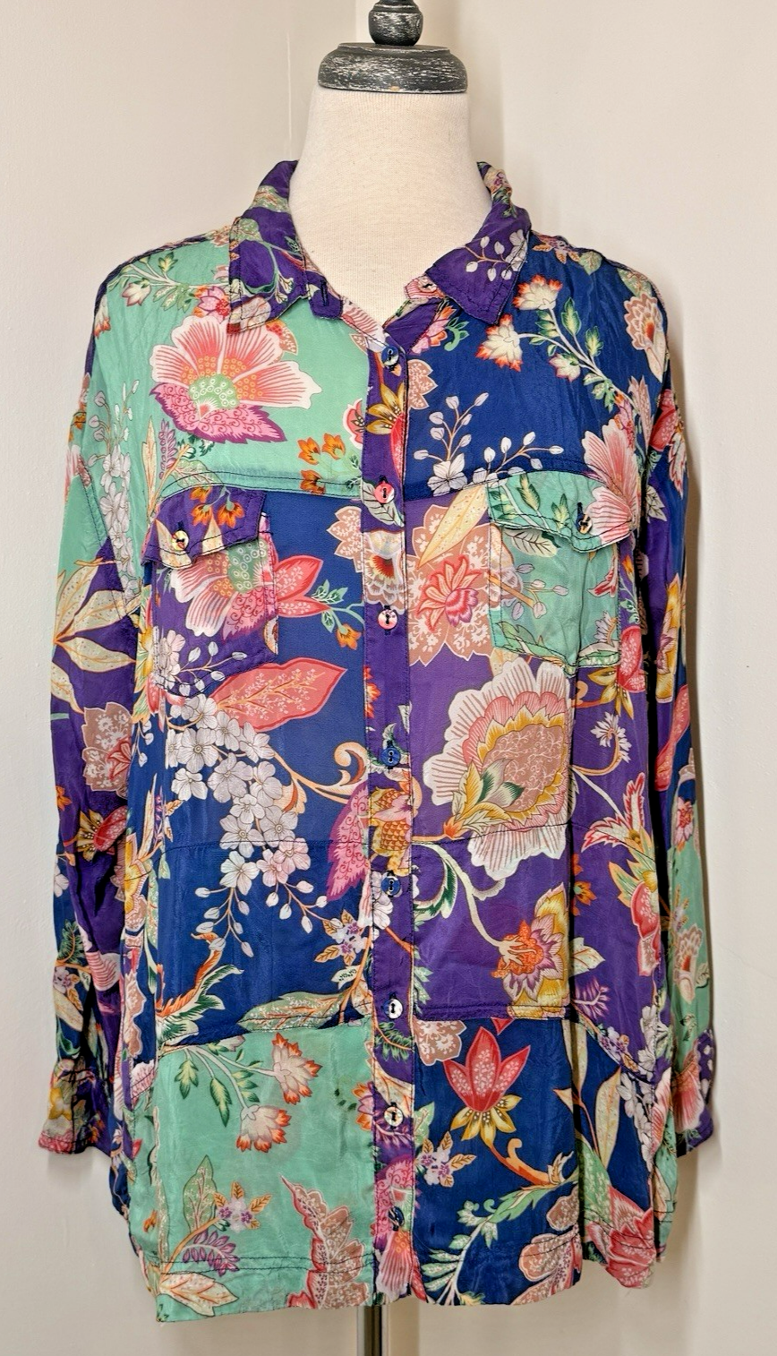 Johnny Was Vivienne Leya Sz XL Button Up Shirt Boho Floral Long Sleeve EUC