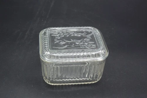 Vintage Federal Glass Refrigerator Dish 4" Square With Lid Vegetables Ribbed