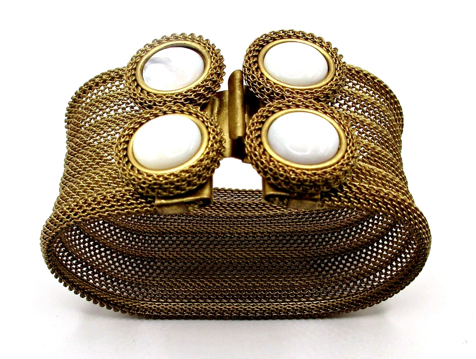 Signed Sarah Cavender Metalworks Double Button Milanese Mesh MOP Cuff Bracelet - Image 2 of 4