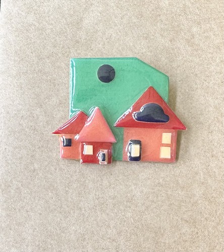 Red Colorful Houses Pin by Lucinda Vintage Brooch Moon