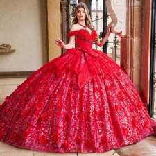 Red Quinceanera Dresses Off Shoulder Lace 3D Flowers Applique Ball Gown Sweet 16