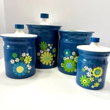 VTG Kromex Blue Daisy Aluminum Canisters 1970s Flower Power Set Of 4 W/  3 Lids
