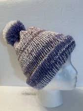 Knit Beanie Made With Multi Colors Of Purple Yarns; With A Large Fluffy Pom Pom