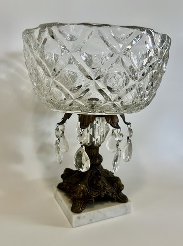 Vintage Crystal Compote Dish w/ Prisms & Ornate Brass Base on Marble - Picture 2 of 18