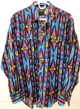 Vintage Wrangler Frontier Series Shirt Men's Large Western Aztec Blue