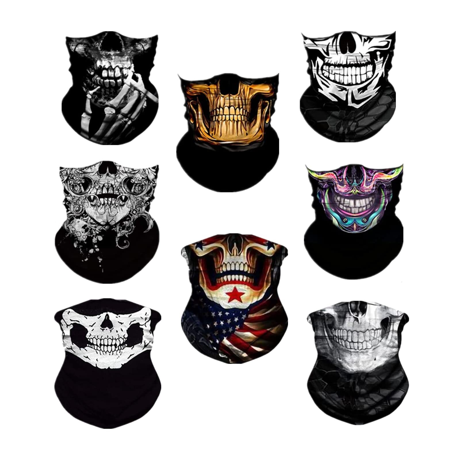 8-Piece Balaclava Set for Bikers - Skull Mask, Bandana, Neck Warmer & Headband