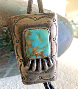 Native American Eugene Martinez Paiute Turquoise Bear Claw Bolo Old Pawn Silver