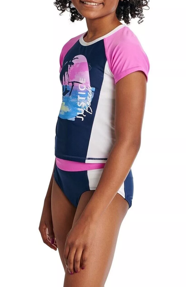 JUSTICE Girls Swimsuit Tankini Bikini Ruffle Swim Rash Guard Shirt 5 6 8 12  14