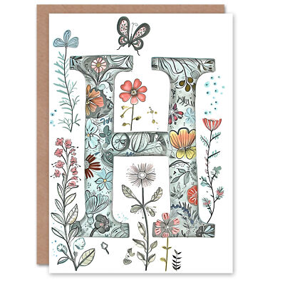 Grußkarte Buchstabe H Wildblume Garten Aquarell Schmetterling Alphabet für Sie