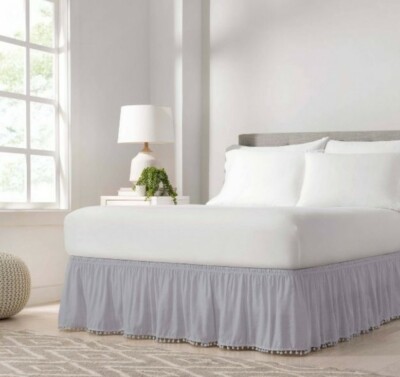 Gray Wrap Around Pom Pom Bed Skirt (twin/full) (75'' X 39'') - Easyfit