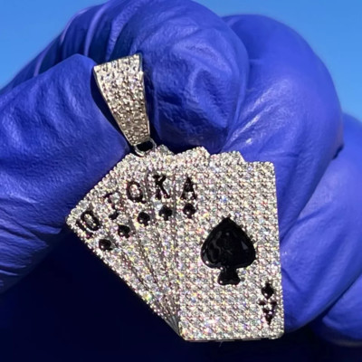 1.20Ct Genuine Real Moissanite Poker Playing Card Pendant 14K White Gold Plated