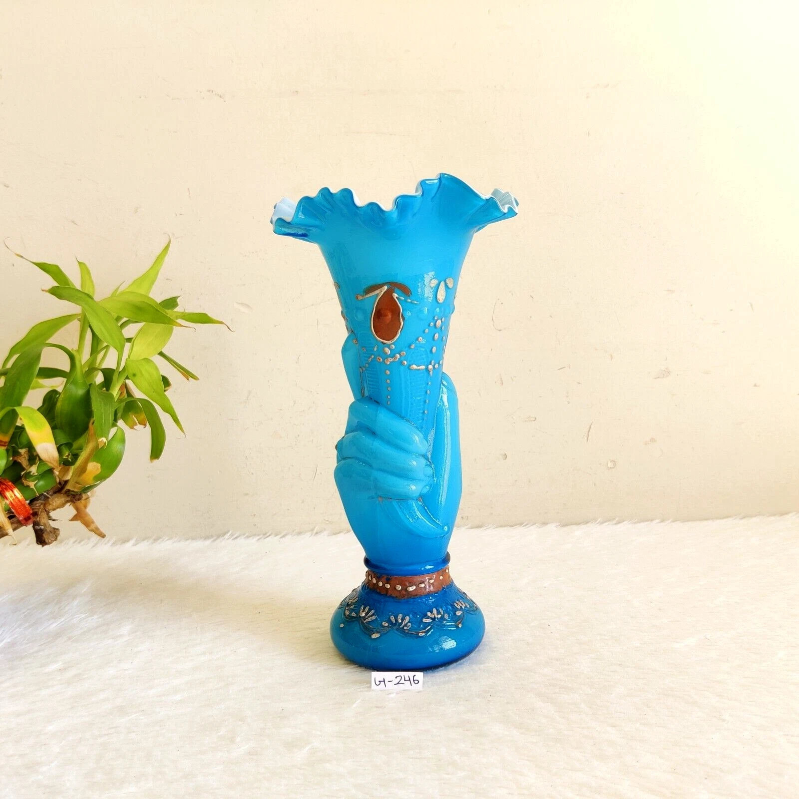 Vaso Decorativo Vintage In Vetro Blu Cielo A Forma Di Fiore Anni '30 Raro GV17