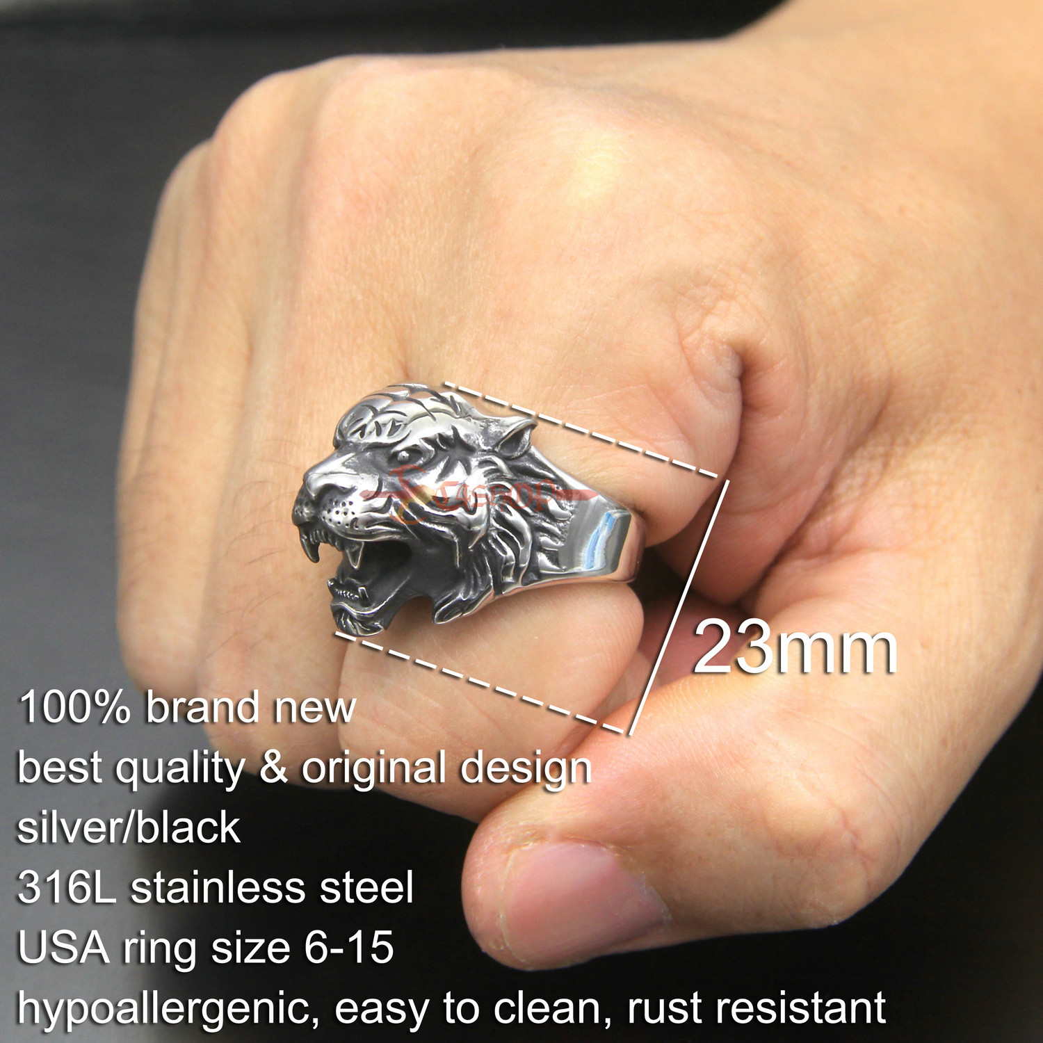 Men's 316L Stainless Steel Tiger Head Biker Ring Masculine Animal Band ...