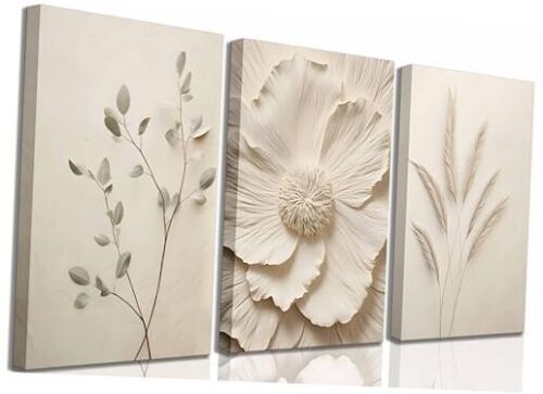3Pcs Neutral Beige Floral Plant Canvas Wall art 16x24in-canvas Beige flowers