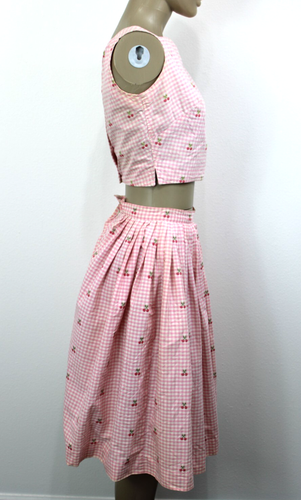 Vintage 50s Full Circle Skirt Top Set Cherry Check Pink Swing by Jo Collins XXS - Picture 3 of 24