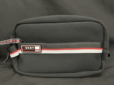 NEW DKNY BLACK CANVAS RED,WHITE STRIPE TRAVEL CASE,SHAVING KIT,COSMETIC BAG