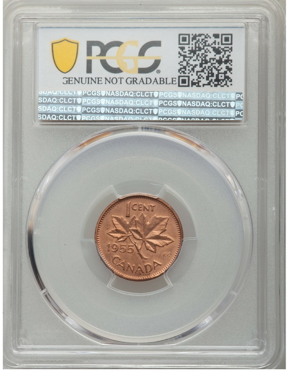 ERROR. 1955 Canada 1 Cent No Strap (NSF) PCGS Genuine Cleaned-UNC