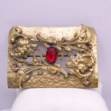 Art Nouveau Repousse Gilded Brass Sash 2.9" Detailed Red Cabachon Brooch Pin