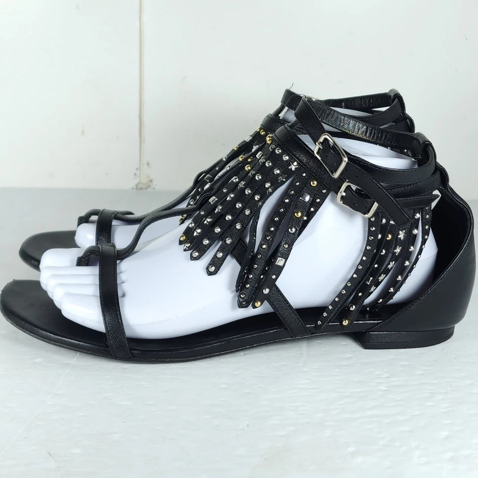 Saint Laurent Women's US8,5 EU39 Black Leather Studded Fringe Gladiator Sandals - Image 3 of 4