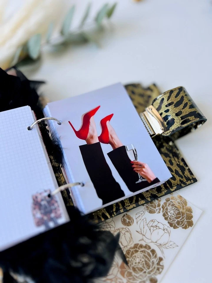 Gold Leopard leather notebook cover A7 6 rings mini wallet, Mini Planner Binder. - Image 4 of 4