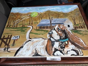 Signed BR Folk Art Oil Painting Basset Hound Dog Rural Landscape 18x24 Original