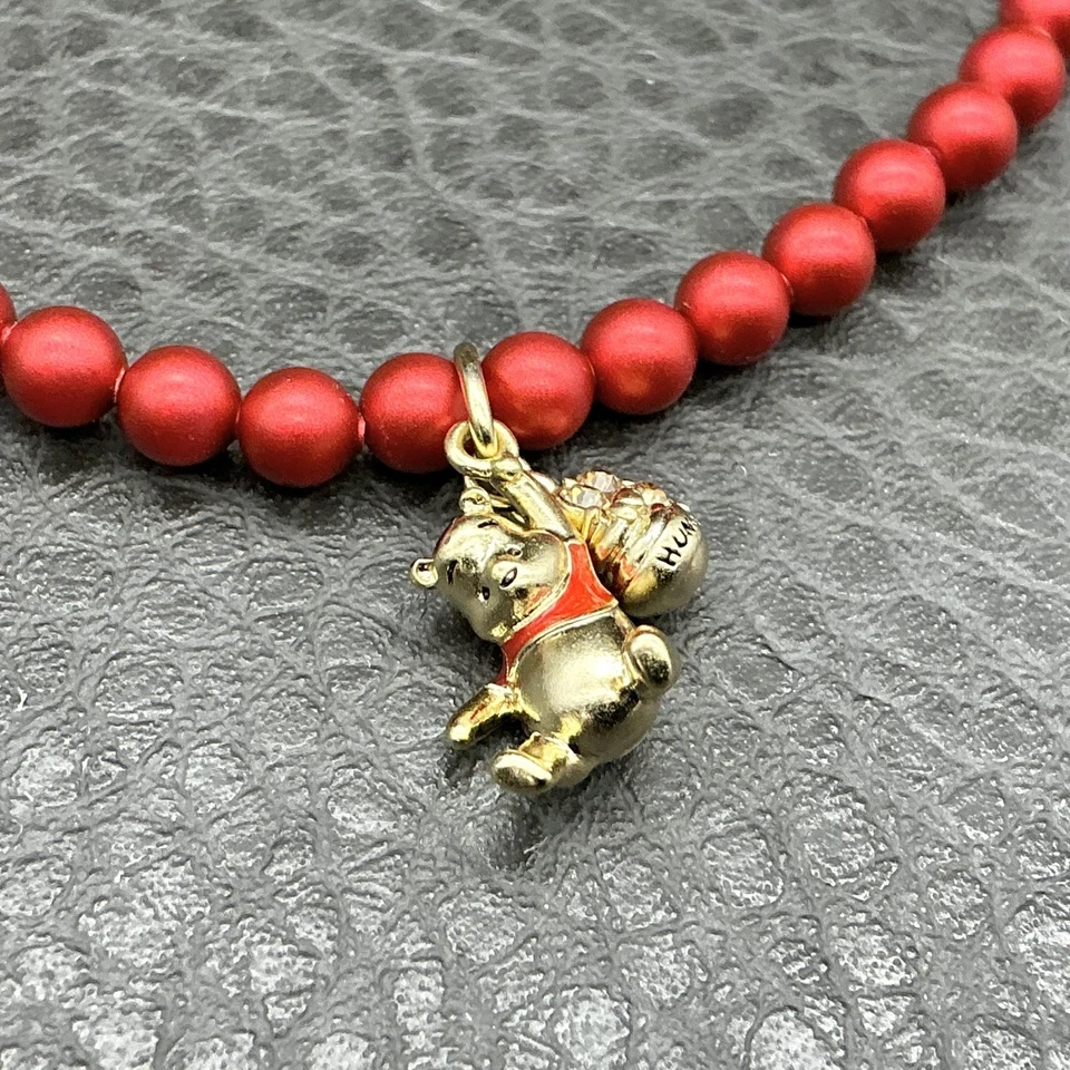 Origami Owl Disney Winnie The Pooh Red Beaded Stretch Bracelet Gold Tone 7" - Image 4 of 4